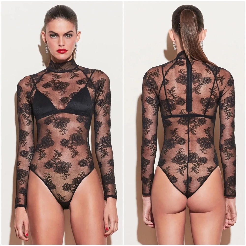 Fleur du Mal black lace bodysuit mock neck size M
